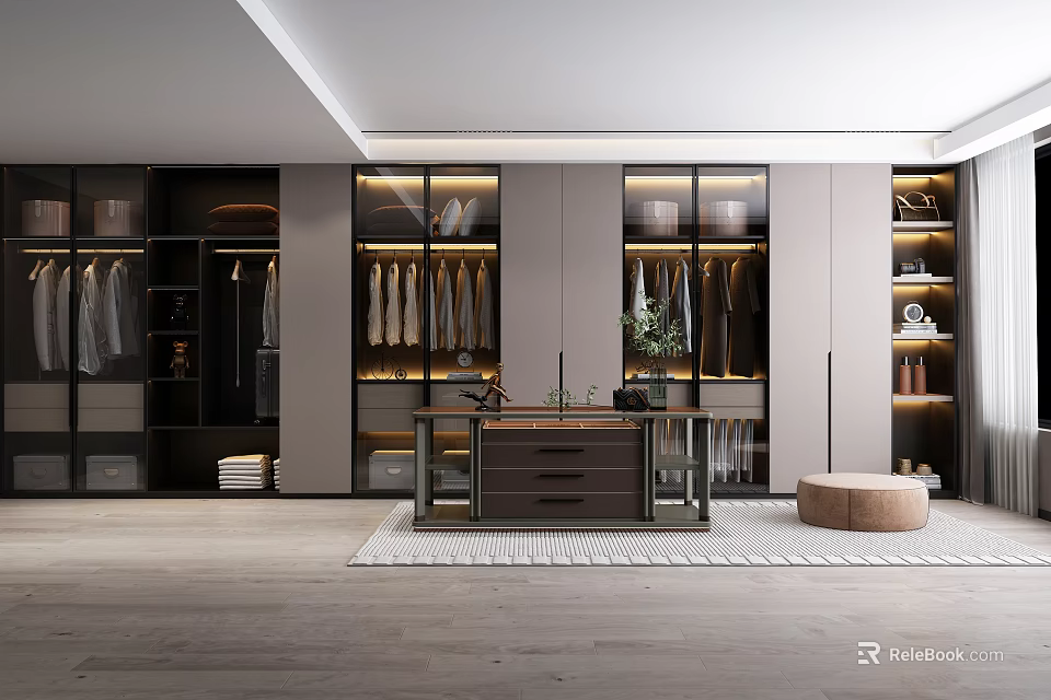 Modern Walk In Closet Interior With Glass Cabinets Clothing And Central Table 3d model 