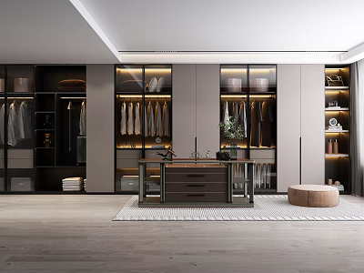 Modern Walk In Closet Interior With Glass Cabinets Clothing And Central Table 3d model