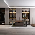 Modern Walk In Closet Interior With Glass Cabinets Clothing And Central Table