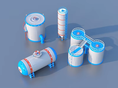 Modern Household Storage Containers In Various Shapes With Blue Trim And Red Stripes 3d model