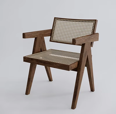 Elegant Wooden Accent Chair With Woven Wicker Back Seat And Armrests Design 3d model