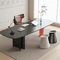 Modern Desk And Chair Set With Brown Chair White Black Stools Carpet Window And Plant