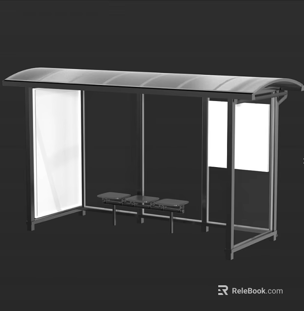 Modern Public Bus Shelter With Metal Frame Roof Bench Seats And Transparent Panels 3d model 