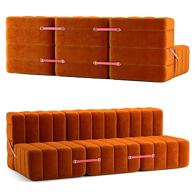 Orange Velvet Modular Sectional Sofa with Pink Straps for Living Room Seating 3d model