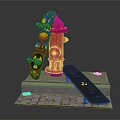 Colorful and Dark Skateboards Near Red Fire Hydrant on Brick Paved Stone Platform