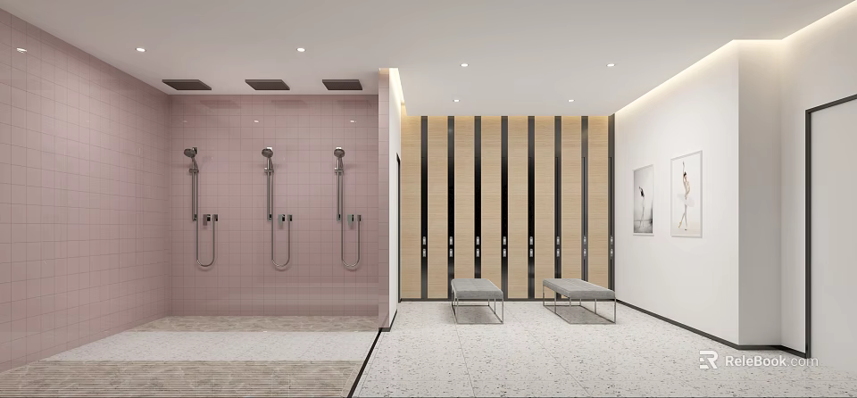 Modern Bathroom Interior With Pink Tile Walls Wooden Stripes Shower Heads And Benches 3d model 