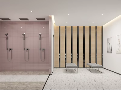 Modern Bathroom Interior With Pink Tile Walls Wooden Stripes Shower Heads And Benches 3d model