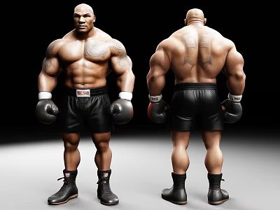 Muscular Male Boxer Front And Back View With Black Shorts Boxing Gloves And Tattoos 3d model