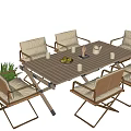 Outdoor Wooden Table With Comfortable Chairs Fruit Bowl And Cups Modern Design
