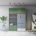 Stylish Wine Cabinet With Green Glass Doors And Wine Bottles In Modern Interior