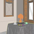 Elegant Decorative Ornament Set With Green Vase Pink Flowers And White Tablecloth By Wooden Windows