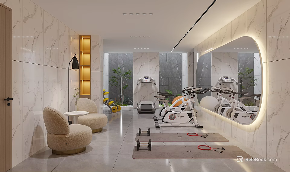 Modern Entertainment Room Interior with Fitness Equipment Dumbbells Yoga Mats Mirrors Plants and Marble Walls 3d model 