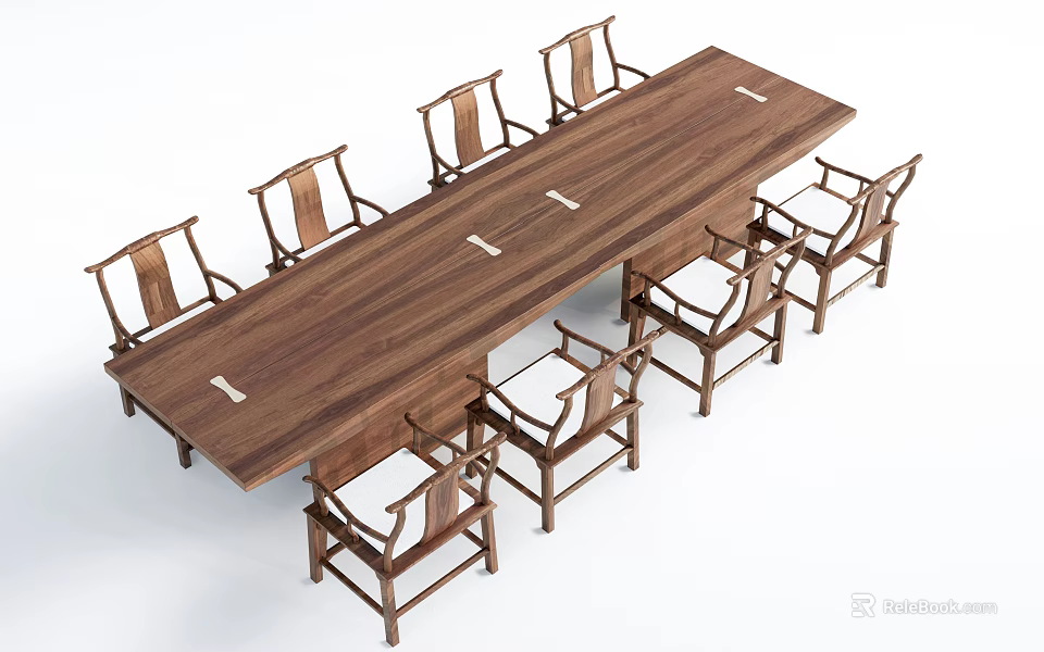 Wooden Conference Table With Chinese Style Chairs And Spacious Tabletop Design 3d model 