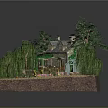 Scenic Miniature Cottage Garden Landscape With Willow Trees Pond And Greenhouse