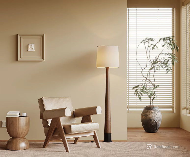 Warm Interior With Beige Wall Blinds Wooden Armchair Floor Lamp Side Table And Potted Plant 3d model 