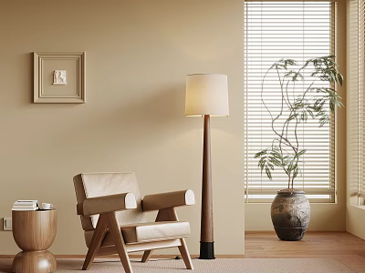Warm Interior With Beige Wall Blinds Wooden Armchair Floor Lamp Side Table And Potted Plant 3d model