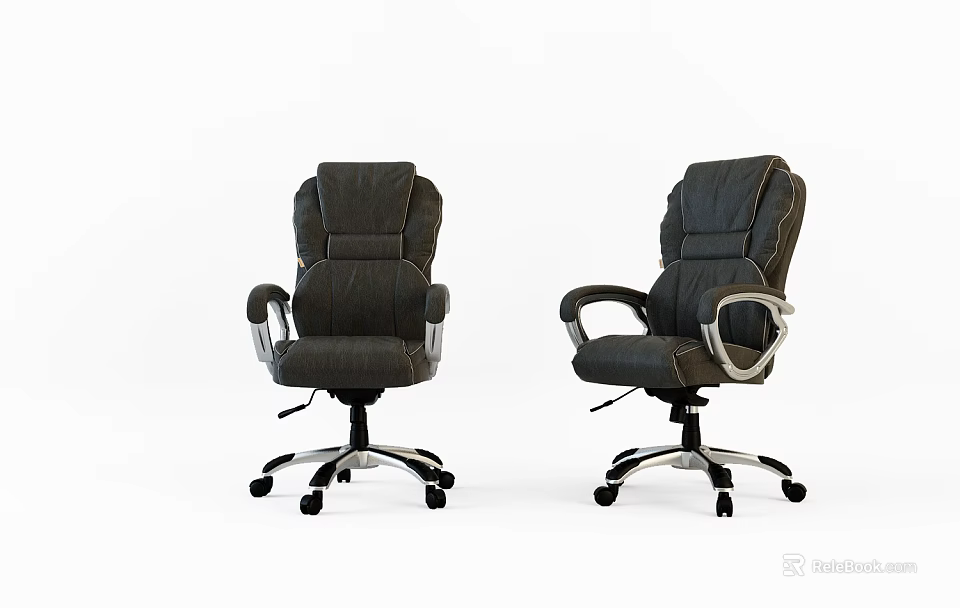 Two Black Leather Office Chairs With Armrests Swivel Wheels And Metal Base 3d model 