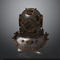 Vintage Brass Diving Helmet With Circular Glass Window And Ornate Metal Details