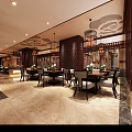 Chinese Style Restaurant Lobby With Red Ceiling Wooden Screens And Marble Floor