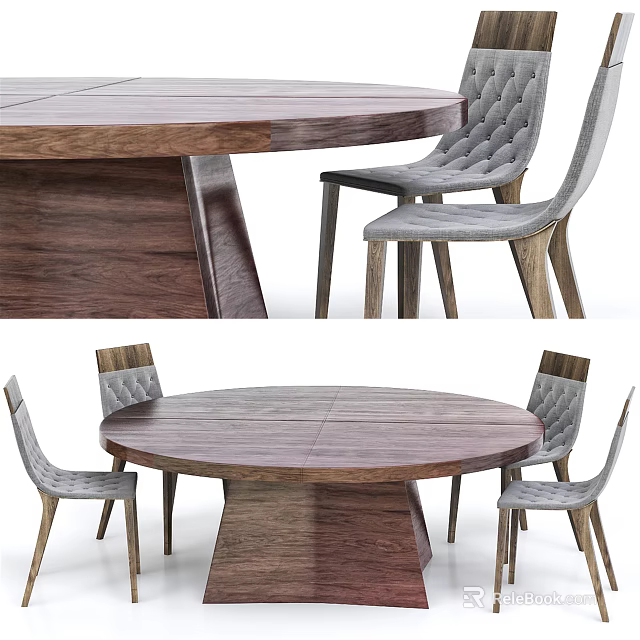 Round Wooden Dining Table Set With Gray Upholstered Chairs And Solid Wood Legs 3d model 