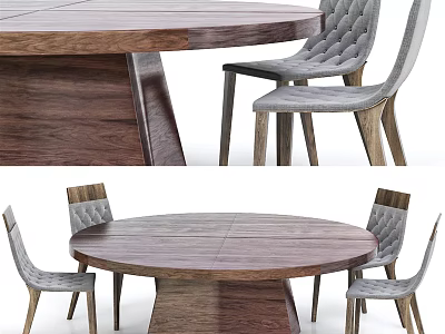 Round Wooden Dining Table Set With Gray Upholstered Chairs And Solid Wood Legs 3d model