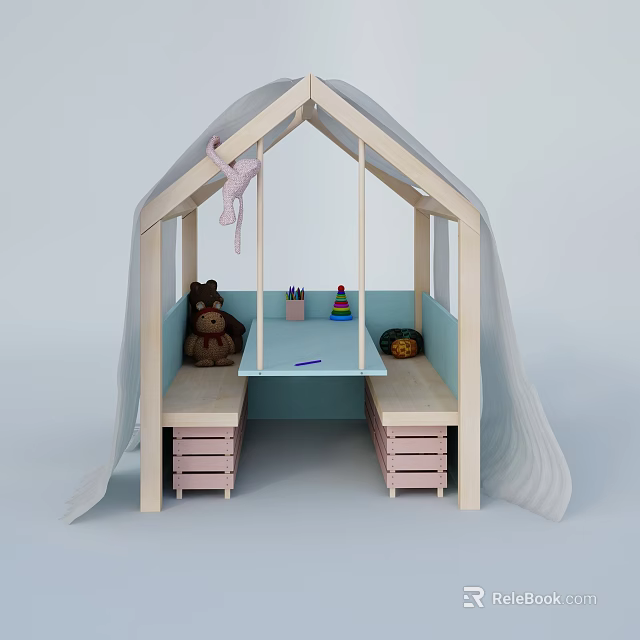 Wooden Tent Shaped Kids Desk with Teddy Bear Colorful Crayons Building Blocks and Play Area 3d model 