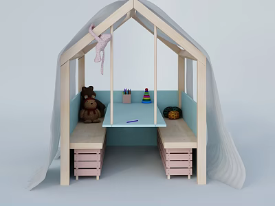 Wooden Tent Shaped Kids Desk with Teddy Bear Colorful Crayons Building Blocks and Play Area 3d model