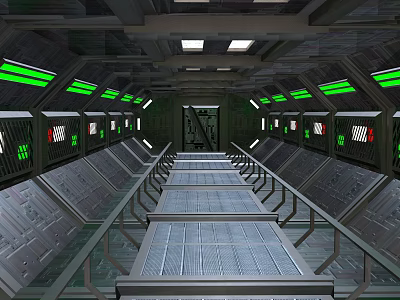 Futuristic Sci Fi Corridor With Metal Walkway Green Lighting And Symmetric Design 3d model