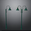 Green Street Lamps With Curved Arms And Green Shades On Lamp Posts