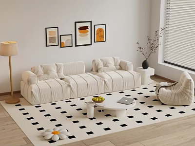 Cozy Modern Sofa And Coffee Table Set With Throw Pillows Checkered Rug And Wall Art 3d model