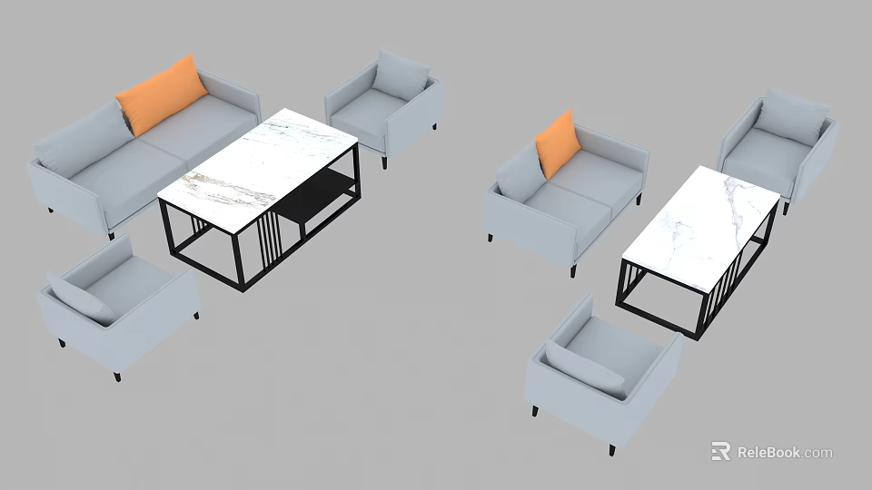 Modern Light Gray Sofa Set With Orange Cushions And Marble Coffee Table 3d model