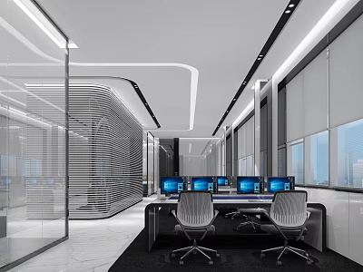 Modern Office Corridor With Glass Partitions LED Lighting Workstations Computers And Ergonomic Chairs 3d model