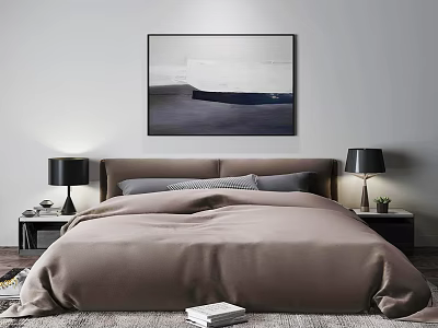 Modern Double Bed With Brown Bedding Headboard Nightstands Table Lamps And Wall Art 3d model