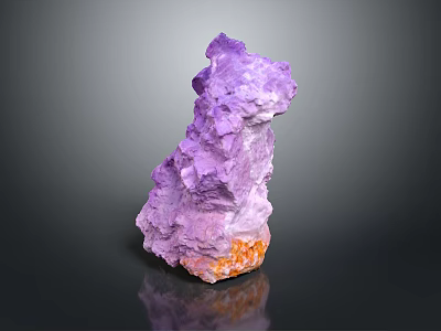 Purple Crystalline Mineral Specimen With Irregular Shape And Orange Base On Dark Reflective Surface 3d model