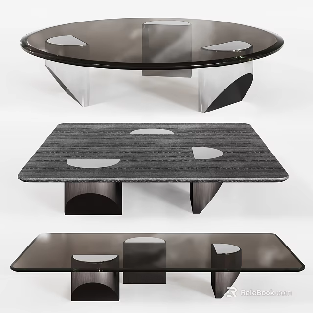 Modern Coffee Table Design With Stone Top And Geometric Black Legs Featuring Circular Cutout Details 3d model 