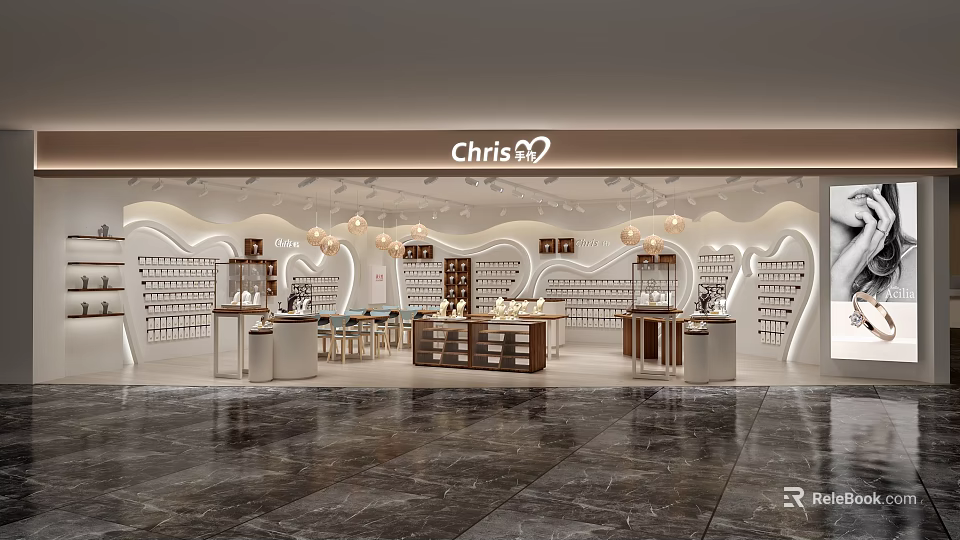 Modern Chris Store Interior Design With Elegant Display Shelves Counters And Lighting 3d model 