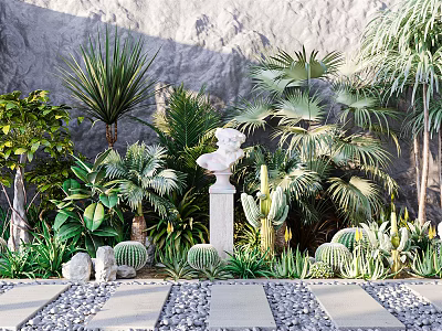 Tropical Garden With Lush Plants White Bust Statue Gray Wall Stone Path And Pebbles 3d model
