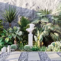 Tropical Garden With Lush Plants White Bust Statue Gray Wall Stone Path And Pebbles
