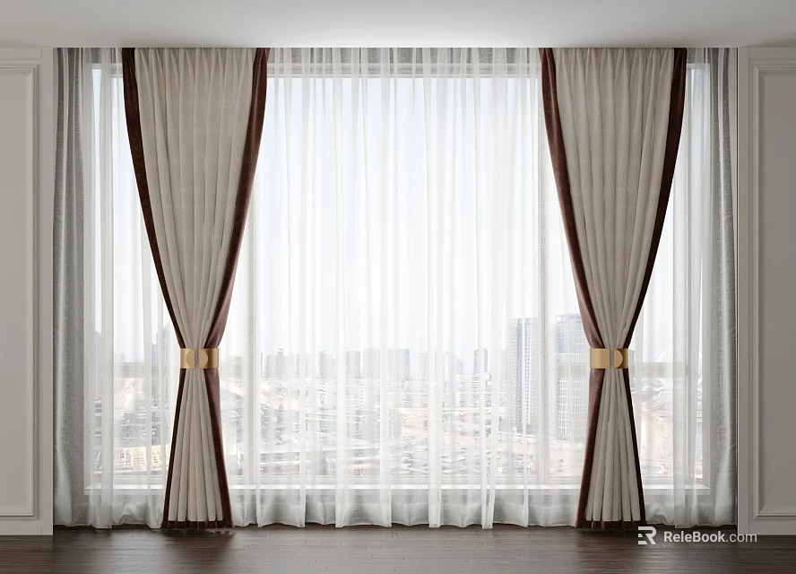 Elegant Beige Curtains with Brown Trim Sheer White Layer Golden Tiebacks Large Window City View 3d model 