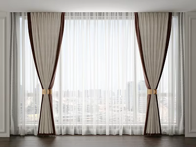 Elegant Beige Curtains with Brown Trim Sheer White Layer Golden Tiebacks Large Window City View 3d model