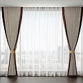 Elegant Beige Curtains with Brown Trim Sheer White Layer Golden Tiebacks Large Window City View