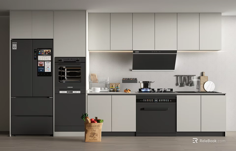 Modern Kitchen Interior With Stylish Gray Black Cabinets And Appliances 3d model 