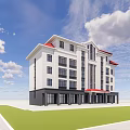 Modern Multi Storey Office Building With Orange Roof Large Windows And Green Lawn Area