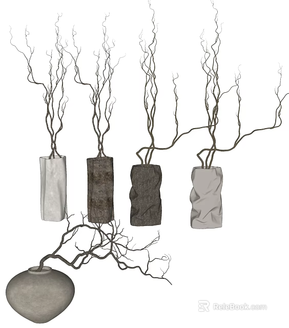 Decorative Vases With Natural Branches In Various Textured Designs For Home Decor 3d model 