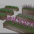 Decorative Wooden Garden Planters With Colorful Flowers And Lush Green Plants