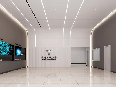 Modern Reception Lobby With White Marble Floor Gray Walls Display Screens And Illuminated Light Strips 3d model