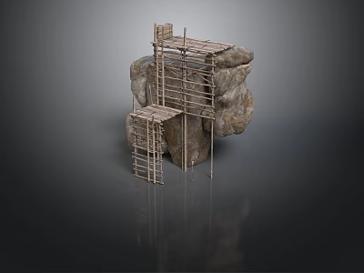 Wooden Scaffolding Structure With Rock Formation And Ladder Platform Design 3d model