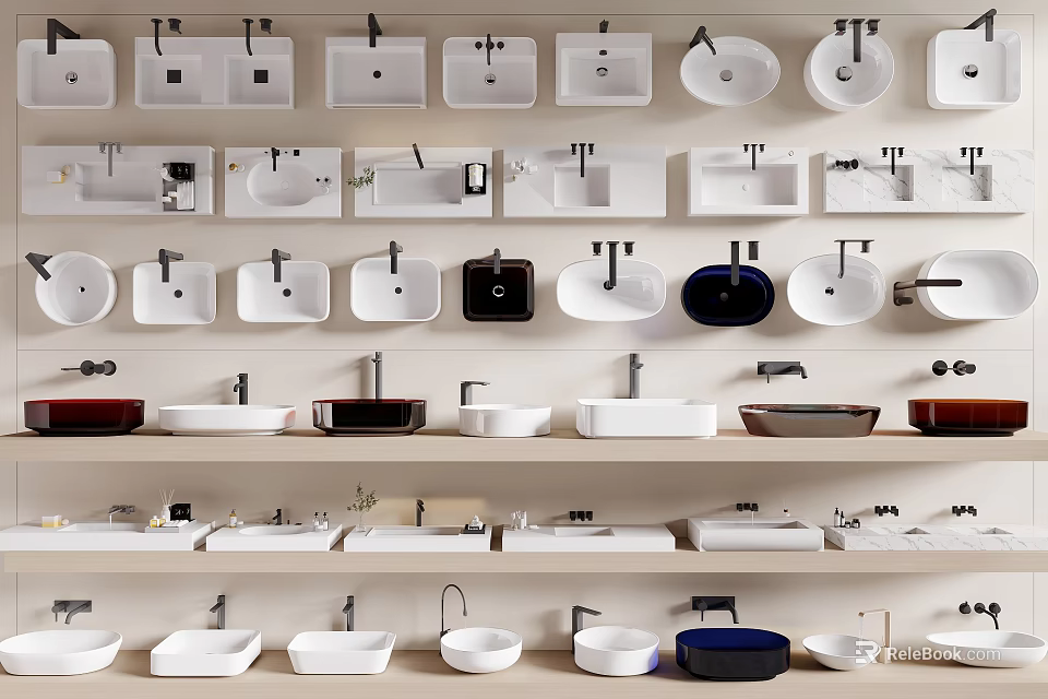 Various Stylish Bathroom Washbasins Display With Different Designs Shapes And Materials 3d model 