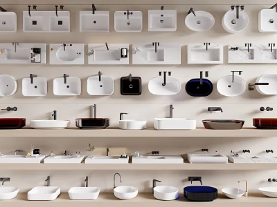 Various Stylish Bathroom Washbasins Display With Different Designs Shapes And Materials 3d model