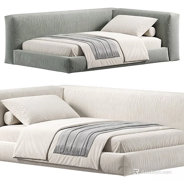 Gray and Beige Upholstered Single Bed with White Sheets and Striped Blanket 3d model 